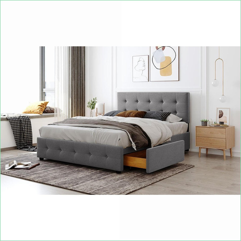 Grand lit plateforme tapissier en lin avec 4 tiroirs, sans sommier, gris clair pour la chambre principale
