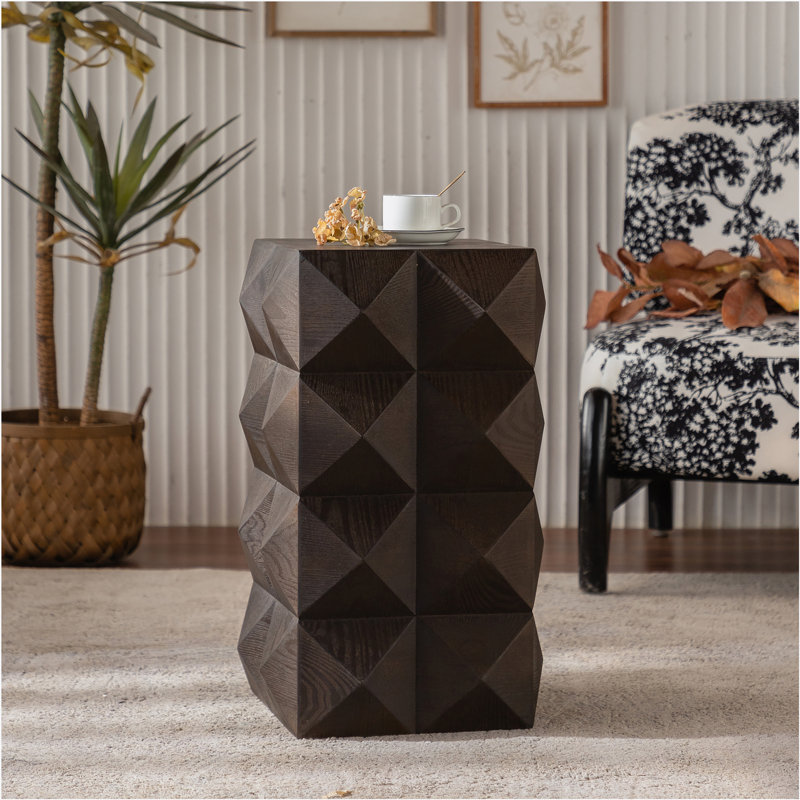 23.62"Height Three-dimensional Embossed Pattern Design Retro Side Table Retro Wooden Nightstand Brown