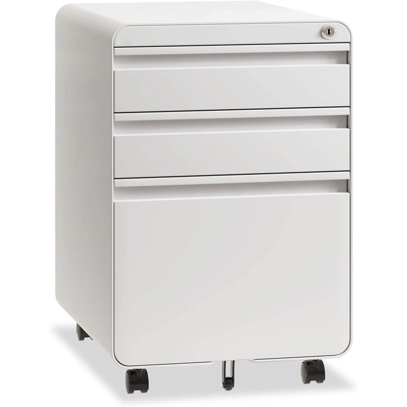3 Drawer Metal Filing Cabinets with Lock Wheels, Anti-tilt Under Desk Design (No Assembly Required), White
