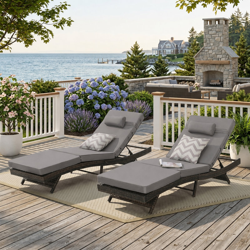 Chaise longue rembourrée en osier avec coussins épais et structure robuste Boho, Gris foncé