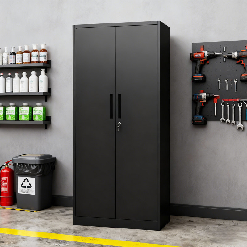 Metal Single Storage Cabinet ( H x W x 15.7cm D), 90cm (W) x 45cm (D) x 183cm (H), Black, No