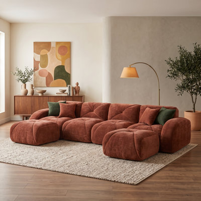 4-Seat Boneless Modular Sofa with 2 Movable Ottomans, Tufted Velvet Floor Couch, 32D High-Density Foam, No Assembly, Red