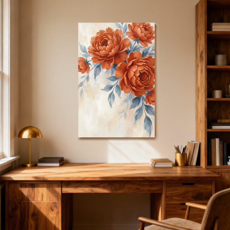 Plantes et fleurs roses oranges avec motif de feuilles bleues, H 18 po x l 12 po