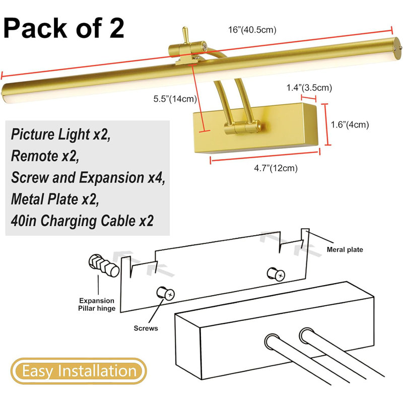 16'' Dimmable Wall Mount Picture Light with Remote, Gold