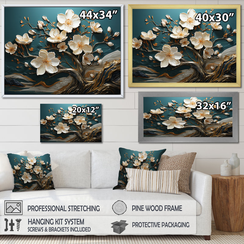 Blanc et or, charmante fleur printanière élégance II - fleurs, art mural, H 12 po x l 20 po x P 1 po, Cadre flottant blanc