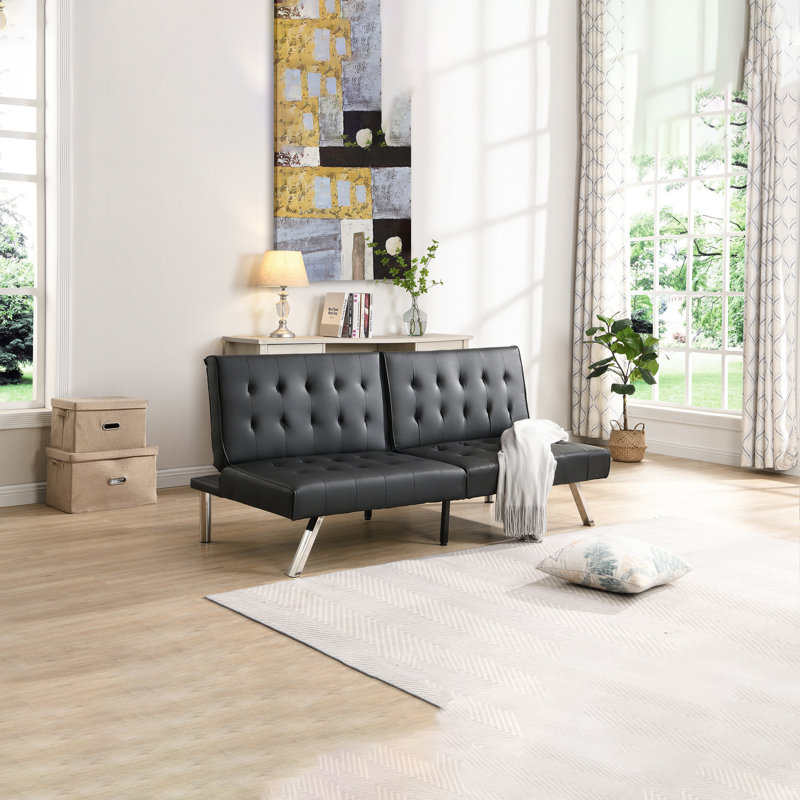 Structure en bois, pieds en acier inoxydable, futon, canapé en PVC noir