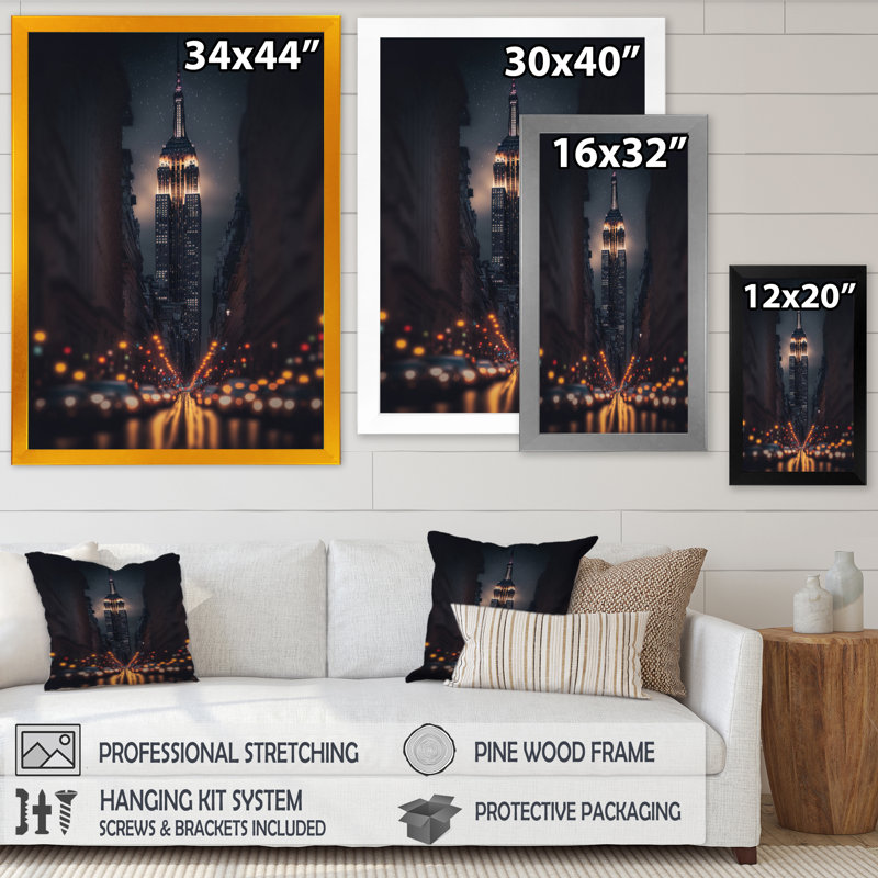 Empire Empire Building Tilt Shift in the Night Lights III - reproduction sur toile, Cadre photo noir
