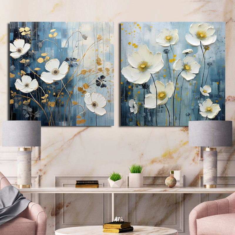 Minimalisme blanc et bleu - Ensemble de 2 collages carrés floraux, Toile tendue, H 16 po x l 33 po