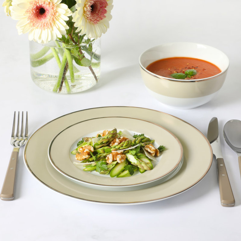 Gray and Off-White Porcelain 12-Piece Dinnerware Set with Gold Rim
