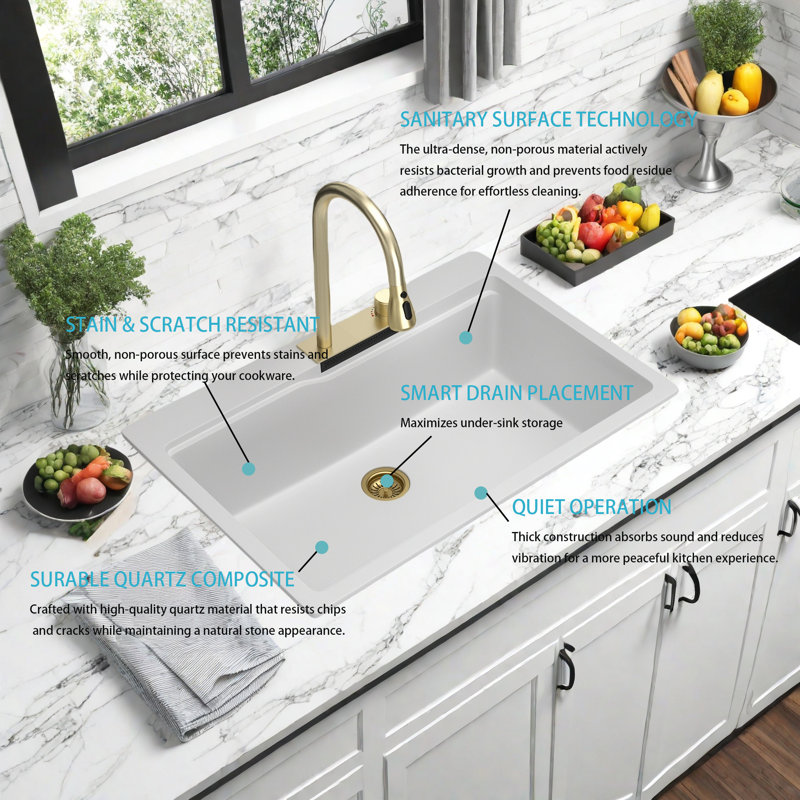 Waterfall edge white quartz composite workstation sink 33x22 inch – pull-out faucet ready, modern farmhouse style