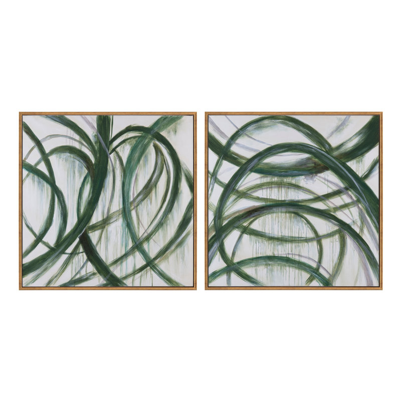 Large Green Abstract Canvas Painting with Gold Frame