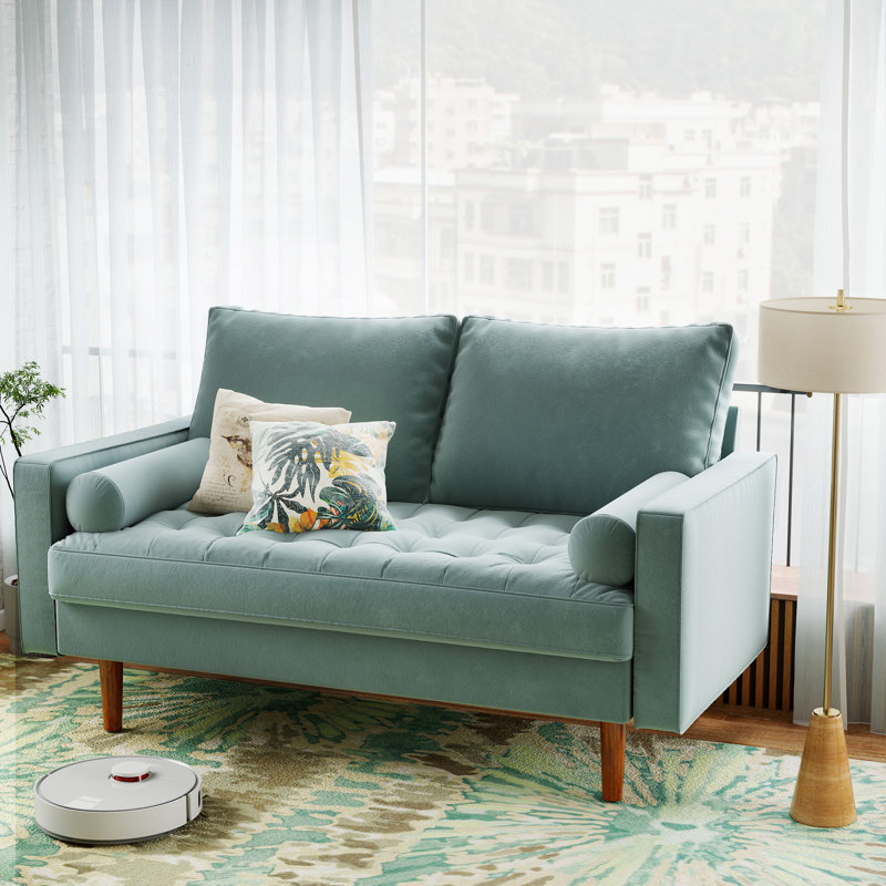 Bellinger 58" Velvet Square Arms Tufted Seat Golden Metal Feet Loveseat, Eggplant Velvet