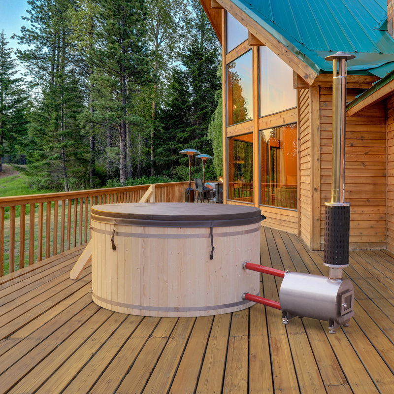 Round Pine Wood Fired Hot Tub and Ice Bath with Steps