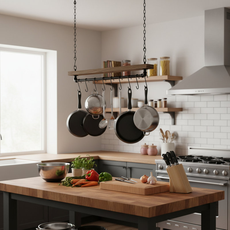 Ceiling Hanging Pot Rack with 8 S-Hooks, Brown
