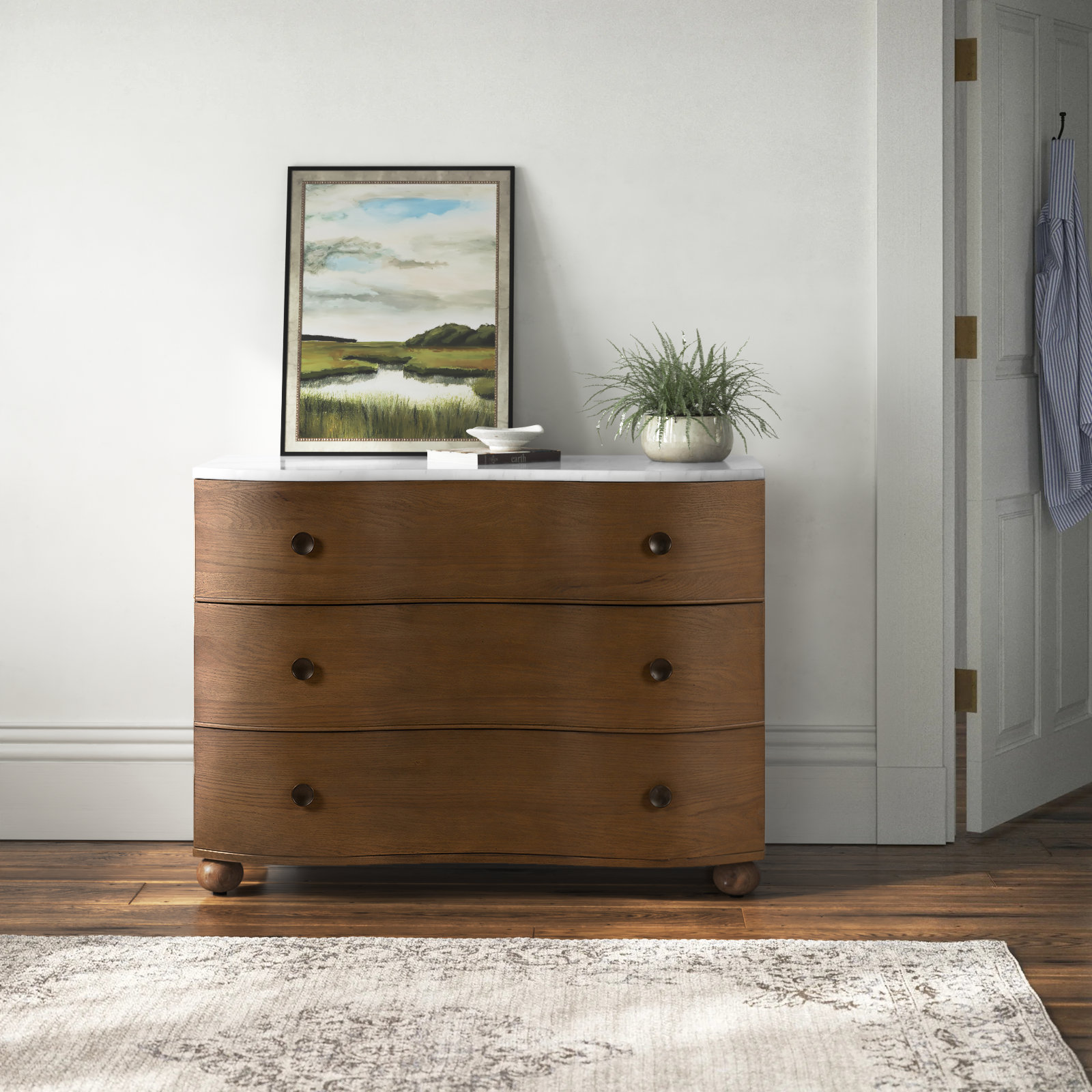 Tariel 3 - Drawer Dresser, Toasted Oak/Polished White Marble