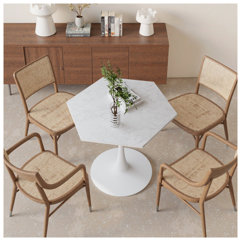 Table basse hexagonale moderne 31,50 "avec plateau en marbre imprimé blanc et base en métal - Élégant mobilier d'appoint de salon