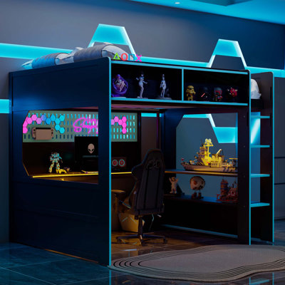 Gaming Loft Bed With Integrated Desk And Lights,Modern Wooden Bed Frame With Desk And Built-In Charging Station
