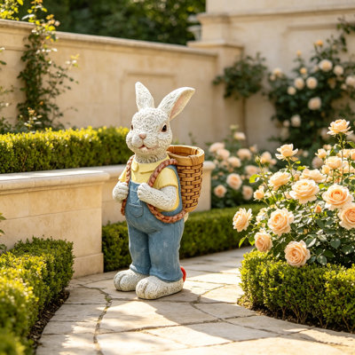 Statue de lapin couple simulé avec pot de fleurs, sculpture de jardin en résine de 17 po pour décoration extérieure, cadeau durable et charmant