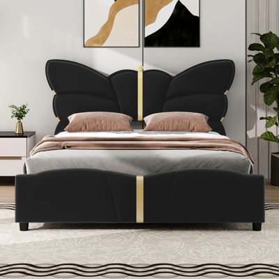 Lit pour grand lit avec tête et pied de lit papillon, lit plateforme tapissier en similicuir avec décor en métal doré