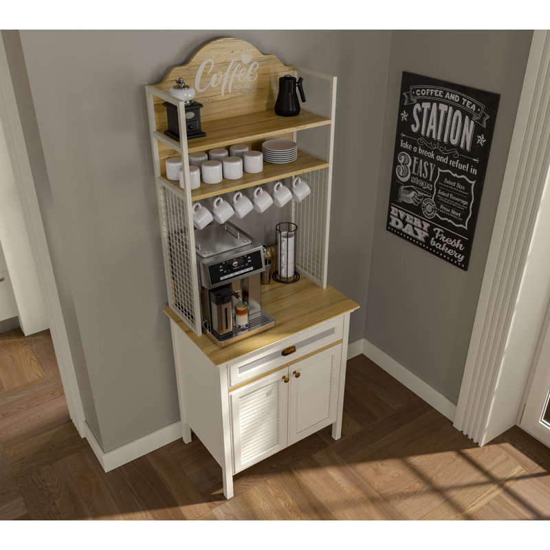Coffee Bar Cabinet With MDF Doors, Shelves And Cup Hooks – 32" W X 83" H X 21" D – Cream / Oak / White, Cream/Oak/White