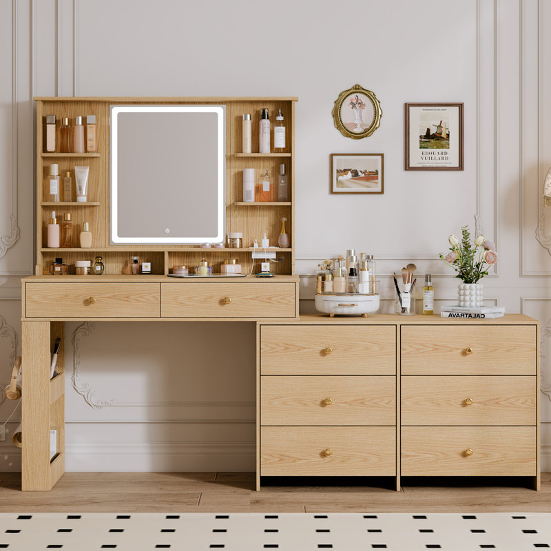 Makeup Vanity Desk With Large Mirror And Lights&charging Station,modern Corner Makeup Vanity Table With 8 Storage Drawers And 8 Shelves,makeup Table For Bedroom,dressing Table With Nightstand