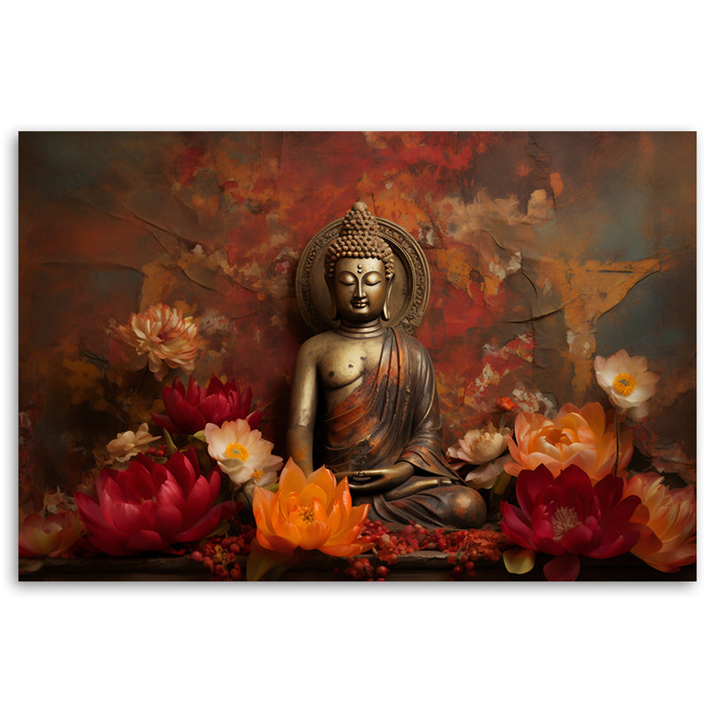 Meditating Buddha And Colourful Flowers - No Frame Print on Canvas, 80cm H x 120cm W