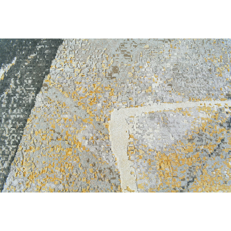 Tapis gris anthracite / or / ivoire noué à la main de haute qualité, Rectangle 8 pi x 10 pi