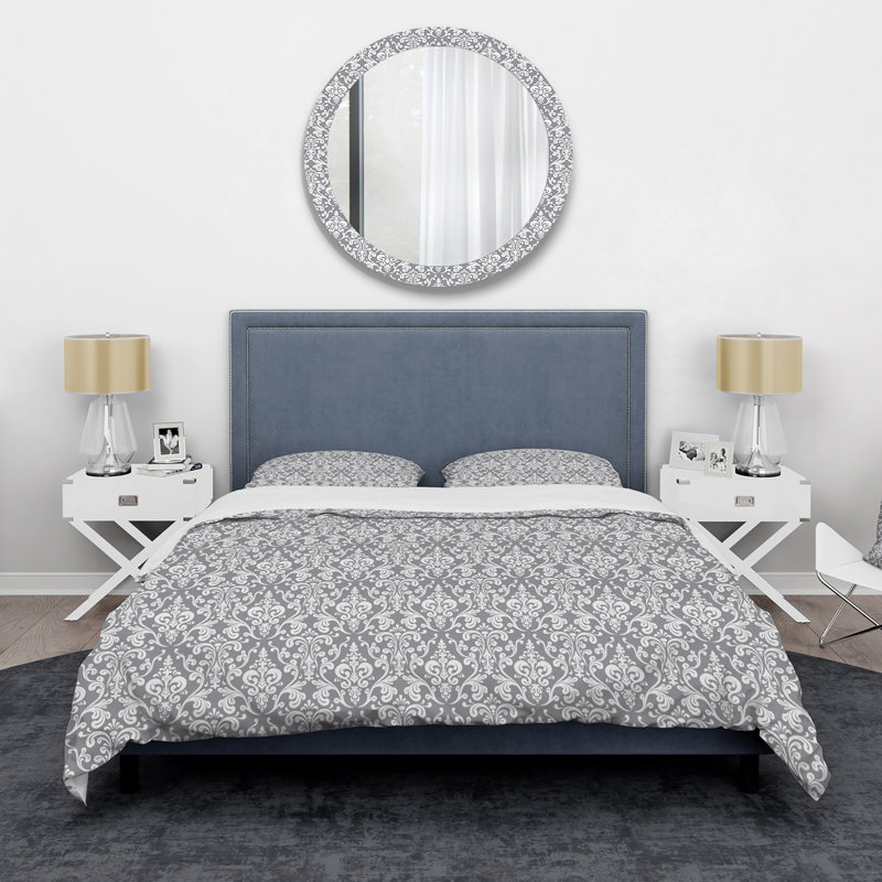 Ensemble de housse de couette moderne gris et blanc en damas gris et blanc, Housse de couette simple + 1 taie décorative stan