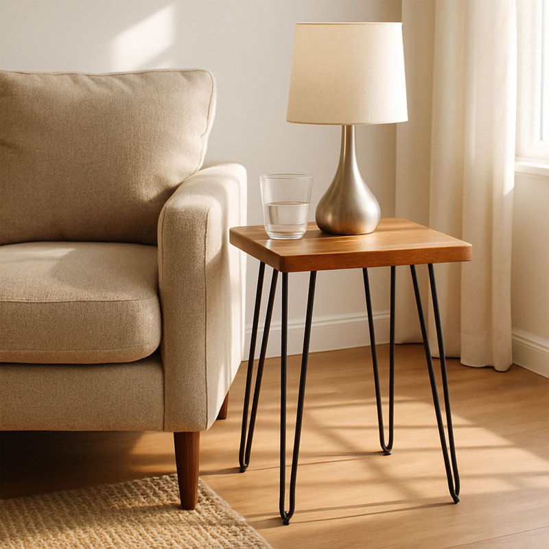 Bexton 15" L x 20" W x 27" H Industrial-Modern Solid Acacia Wood End/Side Table with Hairpin Metal Legs and Protective Floor Pads (Natural Finish)