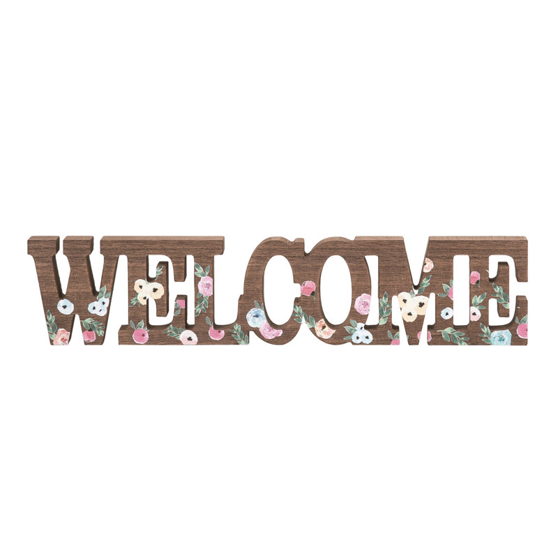 Brown Wood Floral Welcome Sign Block, 13.5"