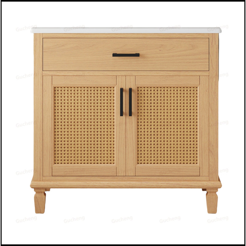 Meuble-lavabo en rotin 36 po avec lavabo en céramique et pieds en bois massif