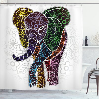 Digital Big Elephant Figure With Floral Lines and Tribal Shapes Wild Life Image Single Shower Curtain -  Ambesonne, sc_16954