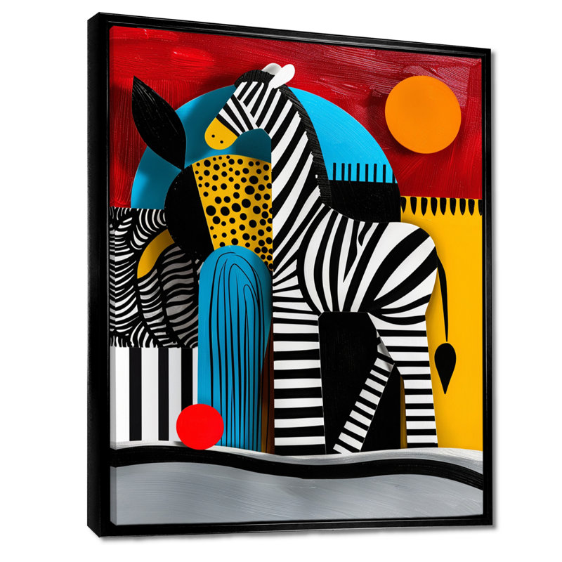 Abstrait géométrique ludique rétro - Art mural animal zèbre, Toile flottante noire encadrée, H 20 po x l 12 po