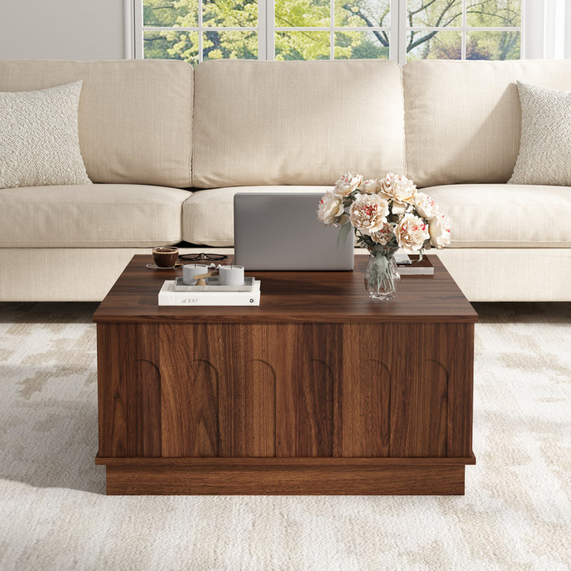 31.5" Lift Top Coffee Table With Storage Modern Arched Design Square Living Room Table With Wood Grain, Brown