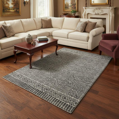 Tapis intérieur gris / noir touffeté à la main à motif géométrique