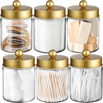 Cotton Swab Holder Dispenser, 8 Oz Plastic Apothecary Jar Containers For Vanity Makeup Countertop Organizer Storage,Bathroom Canister Accessories Set, 6Pack