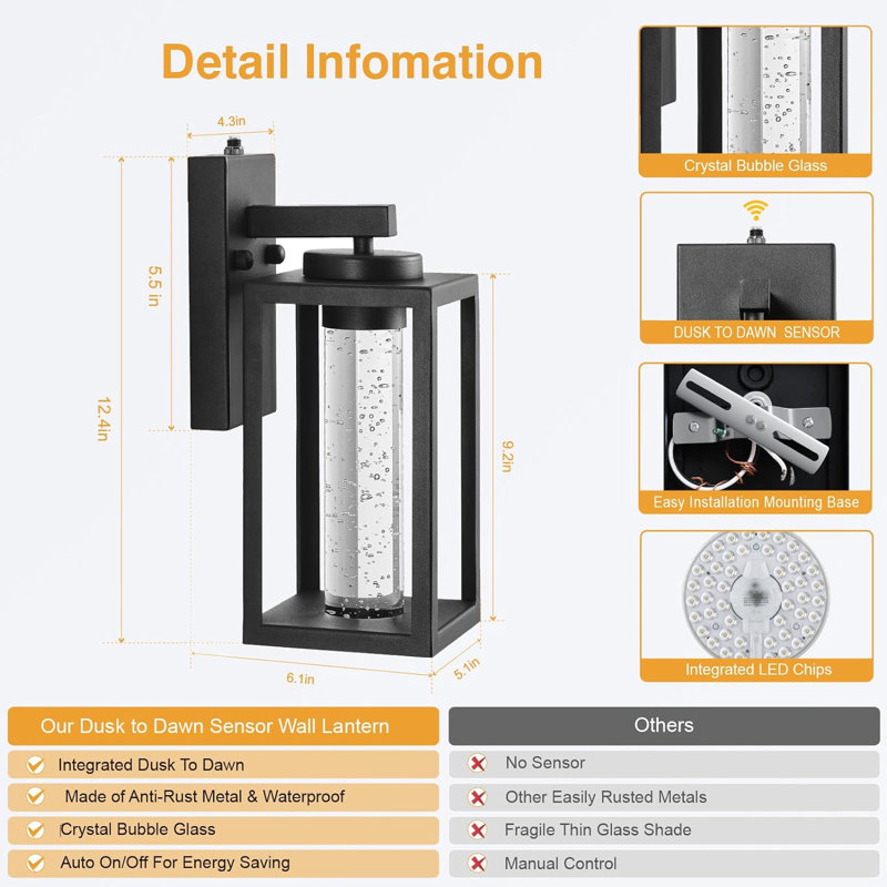 Black Outdoor Wall Sconce, Dusk Dawn Exterior Lighting Wall Mount House With Crystal Bubble Glass, Waterproof Modern Outdoor Light Fixture Front Porch, LED Coach Lights For Garage Lantern
