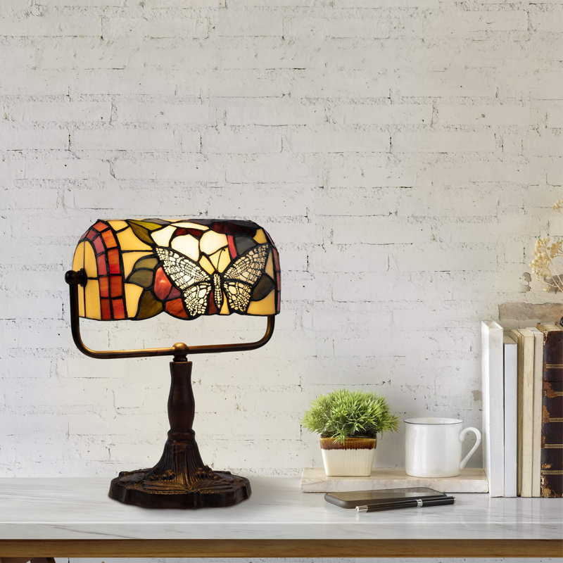 Rosalind Wheeler Tiffany Style Bankers Lamp-Stained Glass Butterfly Design Table or Desk Light LED Bulb Included-Vintage Look Colorful Accent Decor