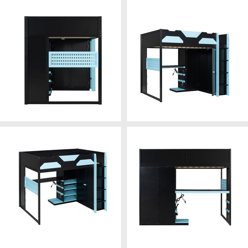 Lit mezzanine double en bois avec bureau, Bleu