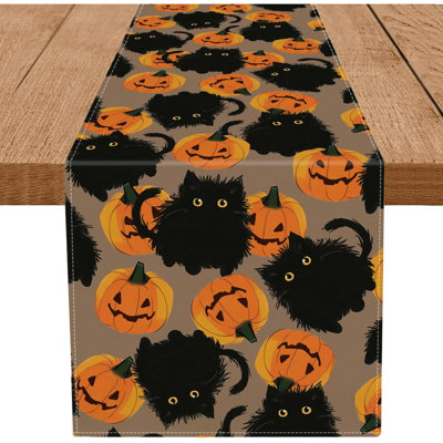Chemin de table d'Halloween chat noir citrouilles cuisine saisonnière table de salle à manger décorations de fête en plein air 13 x 120 pouces