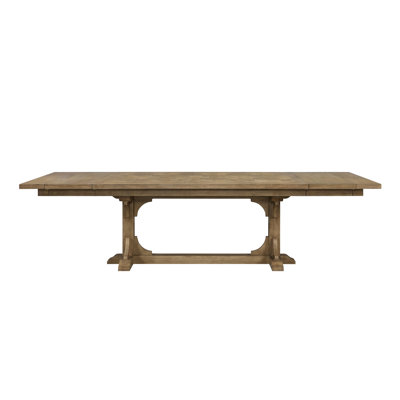 Table à tréteaux avec plateau en placage géométrique, extensible de 213 cm à 290 cm, couleur amande, placage, piètement en bois massif, largeur 112 cm, hauteur 76 cm, extensible, design haut, 104 kg