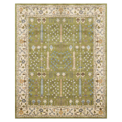 Handcrafted Green Arts and Crafts Wool Rug Multi Size Traditional Design