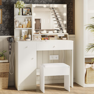 Makeup Vanity Desk Set with LED Lighted Mirror&Power Outlet, Cushioned Stool 3-Color Light Modes
