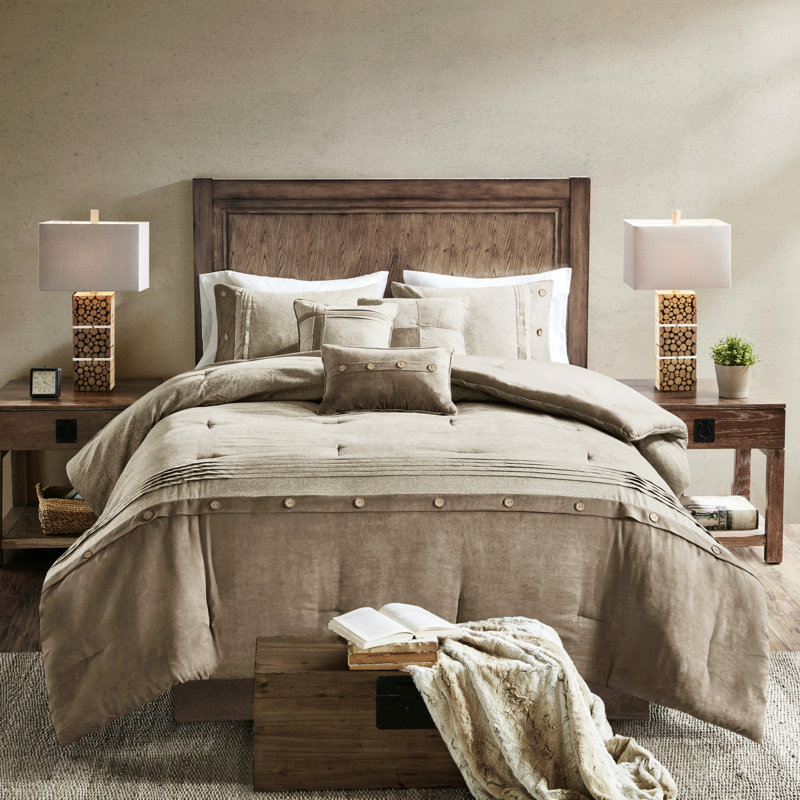 Édredon en faux suède brun clair 7 pièces - Décor chalet lavable à la machine, Tanné, Grand lit