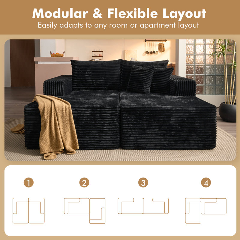 Boneless 74.8" Compression-Packed 2-Piece Modular Corduroy Sectional Sofa, No Assembly Required, Vivi Black Cotton/Corduroy