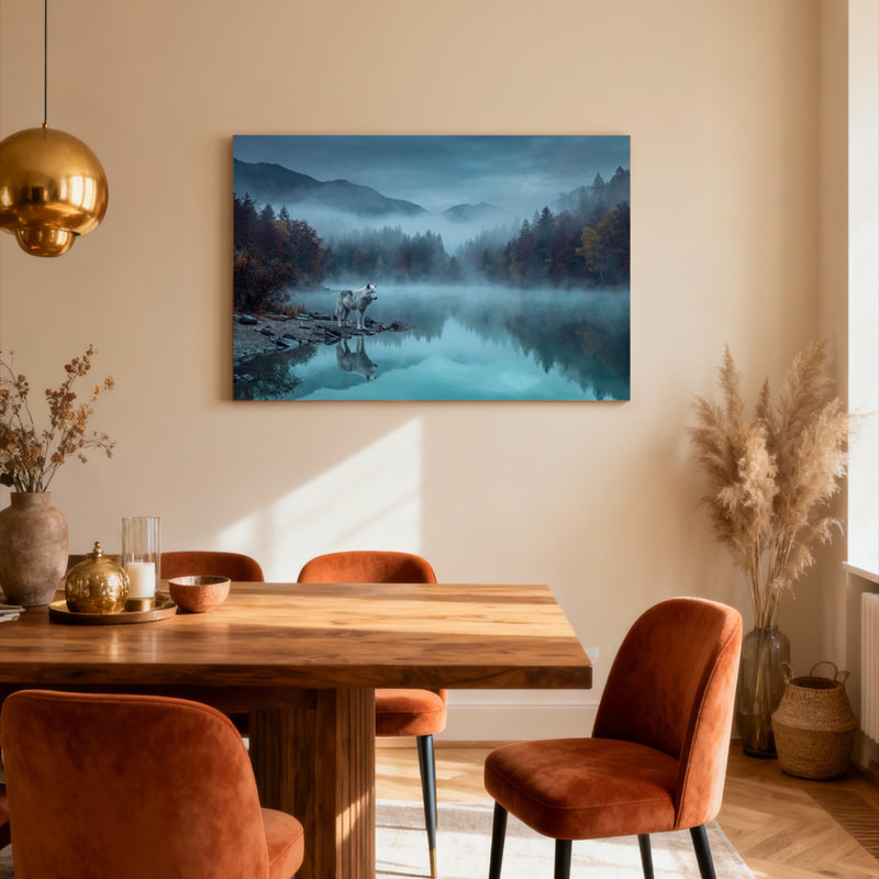 «Wolf in Misty Lake Landscape», ensemble de 1 reproduction d'art sur toile tendue, H 16 po x l 24 po