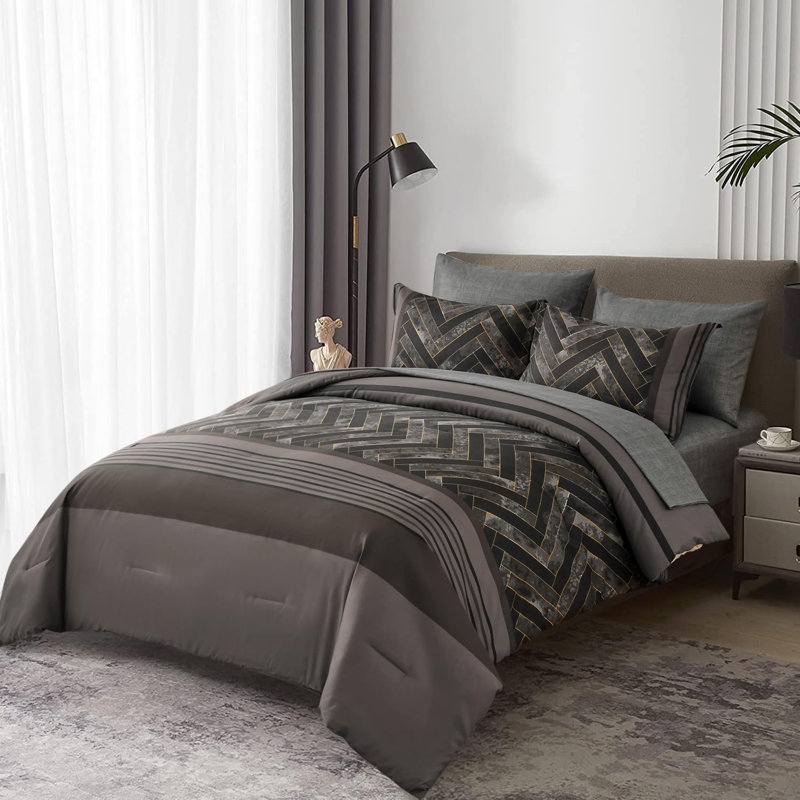 7-Piece Stripe Geometric Comforter Set, Soft Microfiber All-Season Complete Bedding Set, Burnt Orange