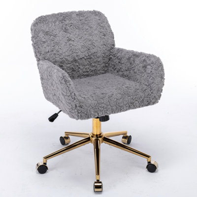 Adjustable Swivel Chair With Artificial Alpaca Wool, Golden Metal Base, 320Mm Larger 40 Reclining For Bedroom Relax Gray