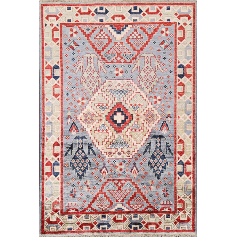 Tapis bleu en laine noué à la main de conception unique 4 pi 1 po x 5 pi 11 po