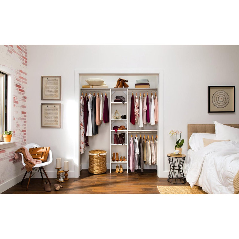 Ensemble de rangement en bois avec tour, 3 tiges de suspension, tablettes supérieures réglables, convient aux espaces de 5 à 9 pi. Large, blanc pur